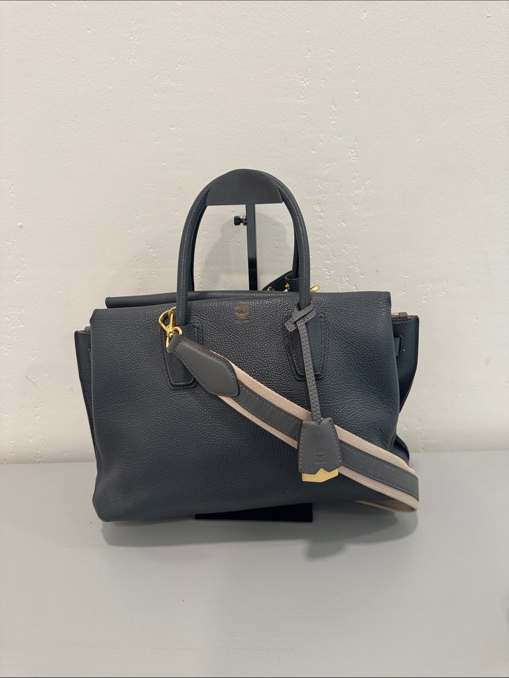 MCM Dark Gray Leather Satchel with Contrast Strap